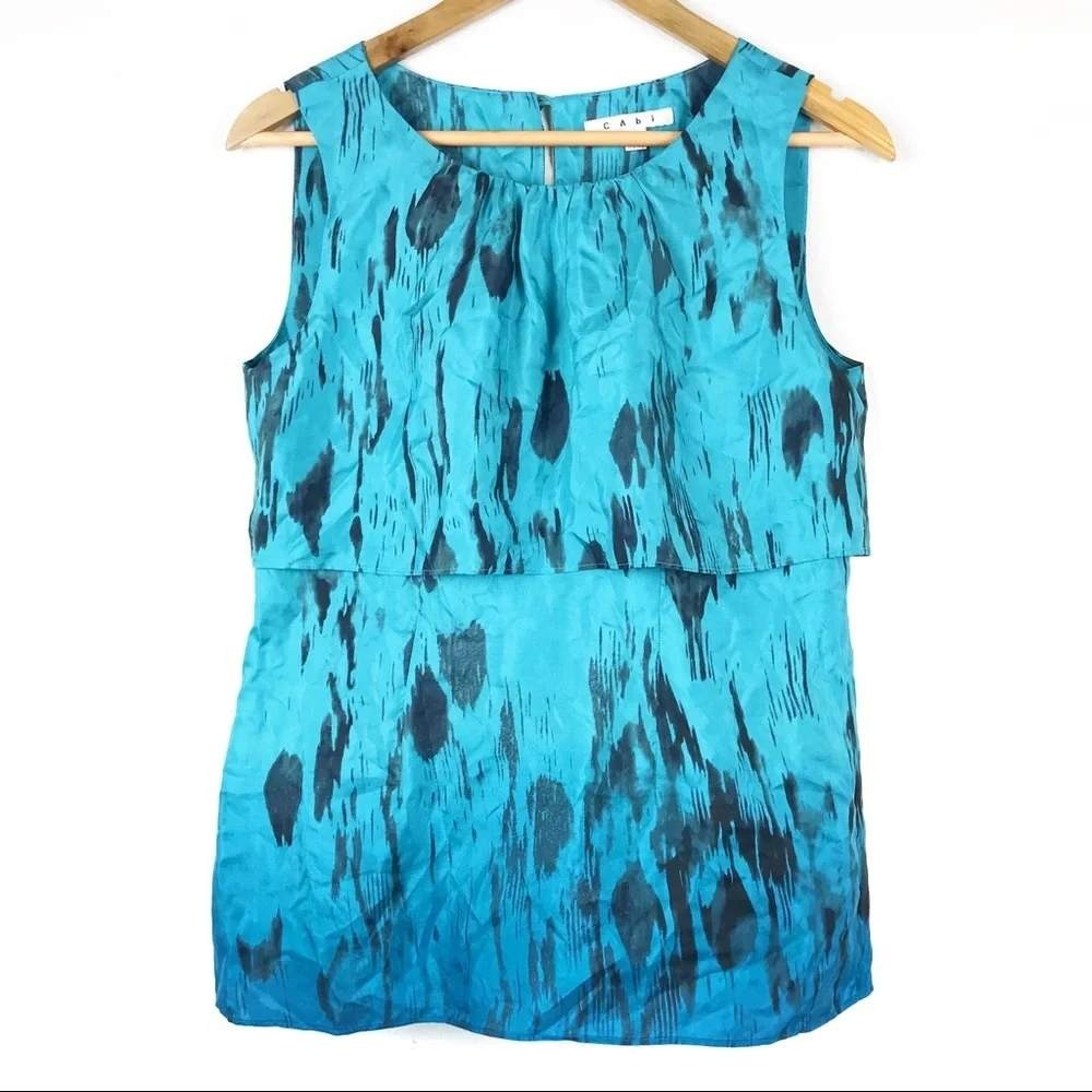 Cabi Women Turquoise Blue Ombre Ikat Print Layered Popover Silk‎ Blend Blouse S